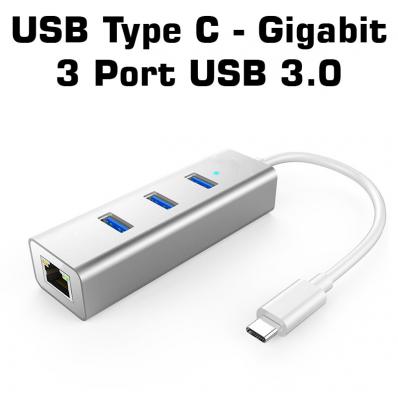 USB Type C to Gigabit Ethernet + 3 Port USB 3.0 Hub Çoklayıcı